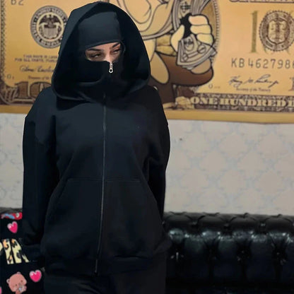 Sweatshirt with Hooded Face Mask Zipper DesignMen's Balaclava Zip Hoodie Winter Warm Casual Sports Jacket Outdoor Activities