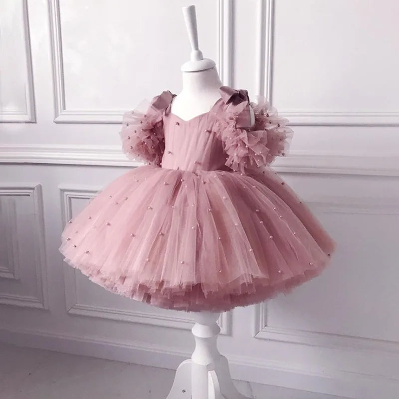 1 to 5 Yrs Kid Summer Baby Girls Ceremonial Dress Children's Pearl Tulle Princess Party Dresses For Wedding Tutu Perform Vestido