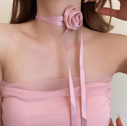 Romantic Niche Pink Sweet Flower Collarbone Chain Versatile Temperament Necklace Women's Pearl Fringe Collarbone Chain