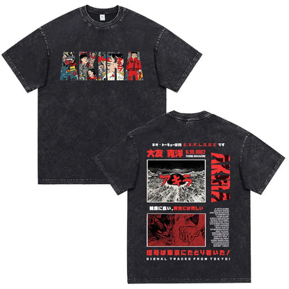 Japanese Anime Akira Washed Vintage T Shirt Science Fiction Cartoon Movie Shotaro Kaneda T-shirt Men Women Cotton Casual T-shirt
