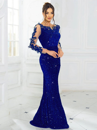 O Neck Long Sleeve With Flowers Sequin Evening Party Dress Elegant Women Sexy Backless Formal Prom Dresses