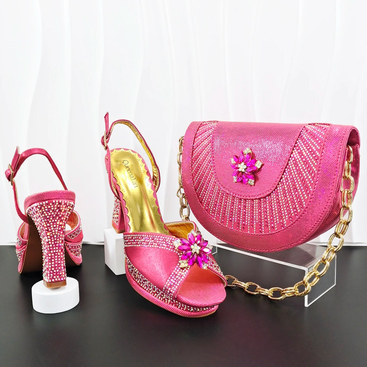 INS New Arrival Colorful Crystral Decoration Design Elegant Mature Party Wedding Peep Toe Ladies High Heels and Bag Set