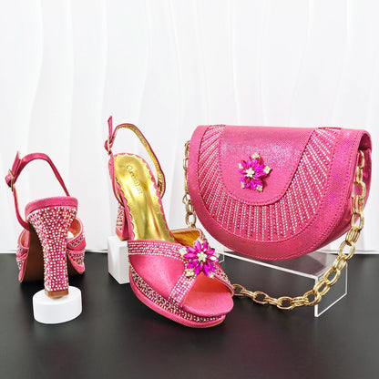 INS New Arrival Colorful Crystral Decoration Design Elegant Mature Party Wedding Peep Toe Ladies High Heels and Bag Set