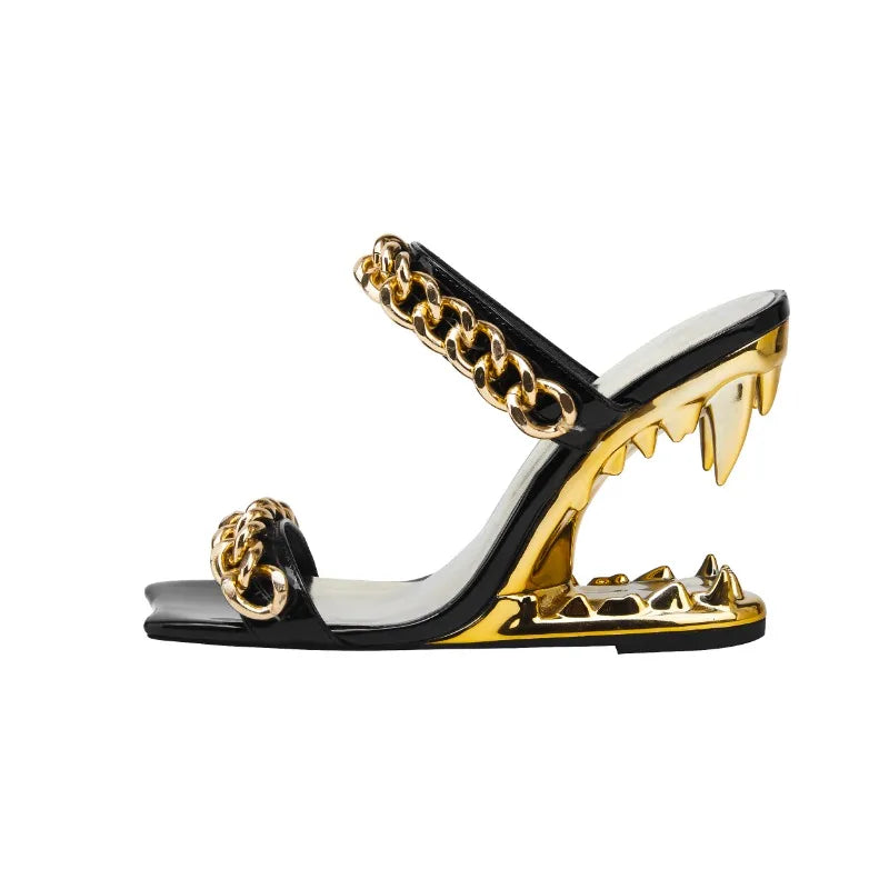 Big Gold Chain Peep Toe Tiger Teeth Heel Sandals 2024 New Fashion Silvery Beach Party Outdoors Women's Slippers Size 35-43