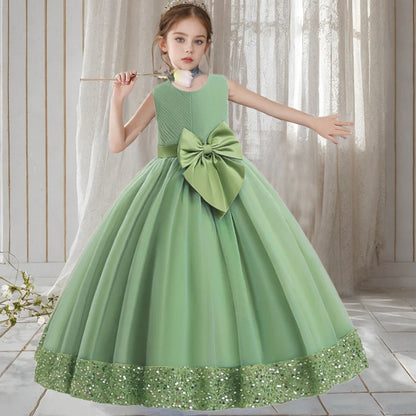 Teen Girls Luxury Big Bow Evening Gown Wedding Bridesmaid Party Dress For Girl Kids Sequin Princess Birthday Dresses Summer Wear