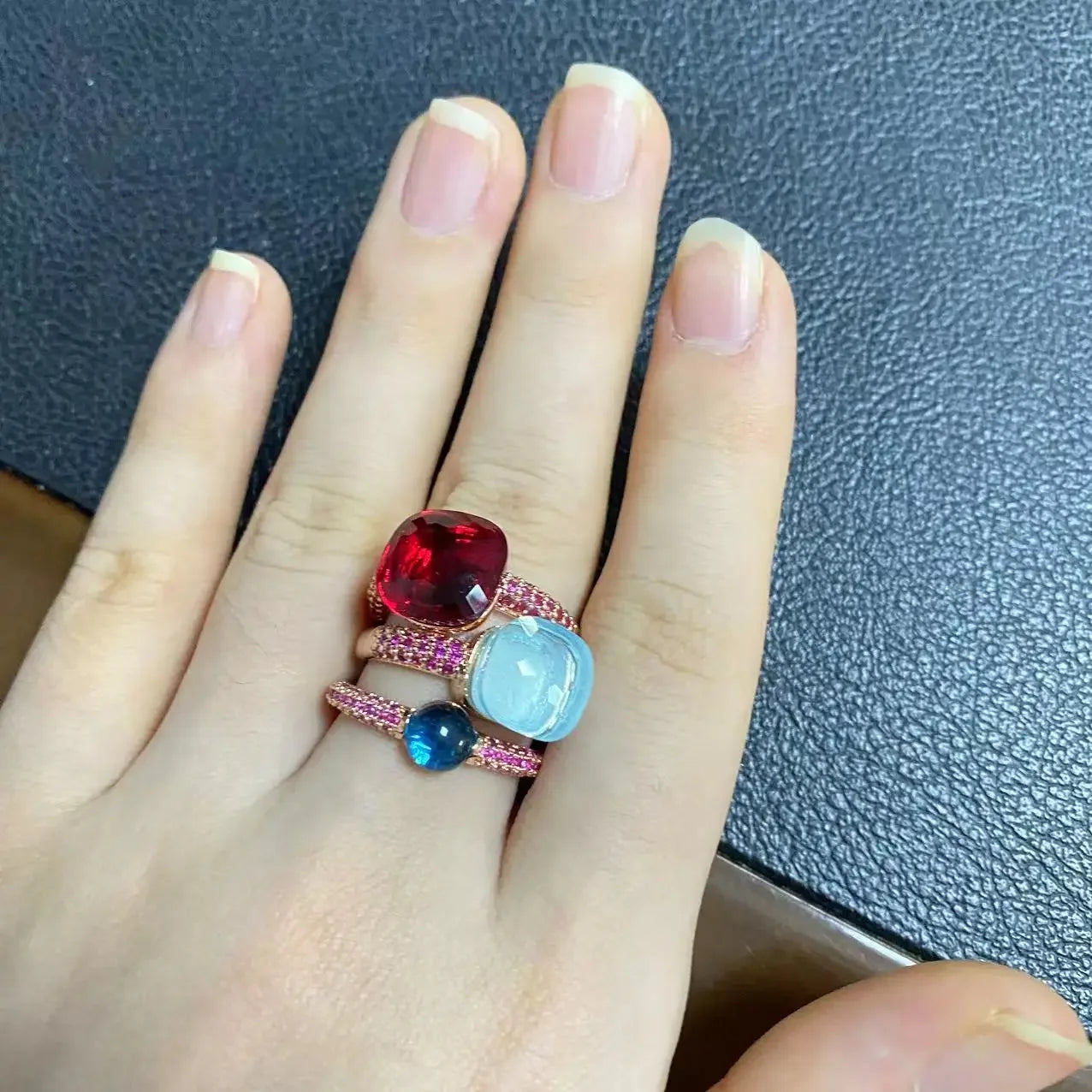 Conjunto de 3 anéis empilháveis ​​Nudo para mulheres, conjunto com cores mistas, cristais tipo bala incrustados, zircônia, ametista, topázio azul, joia redonda, presente