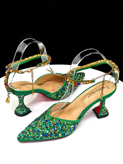Shiny Italian Fashion Women’s Pointed Toe Heels with Rhinestone Detailing & Matching Green Color Bag Set
