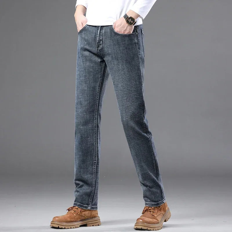 Fashion Light Blue Slim Straight Jeans Men's Spring autumn Elastic Comfortable Denim Pants Korean Casual Business Trousers