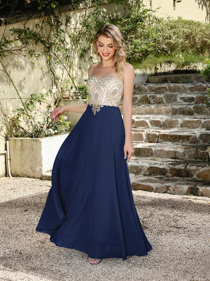 Elegant Sweetheart Prom Dress with Gold Embroidered Bodice & Flowing Chiffon Skirt for Homecoming & Formal Events