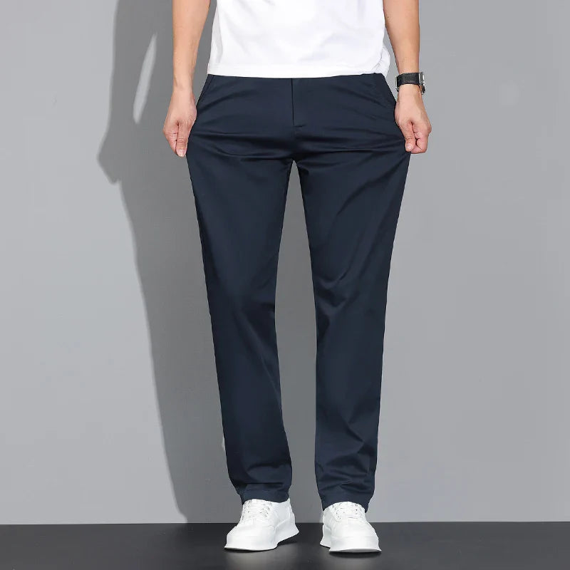 New Men's Business Cotton Thin Straight Pants Casual Elastic Slim Comfortable Male Brand Trousers Black Gray Khaki Royal Blue