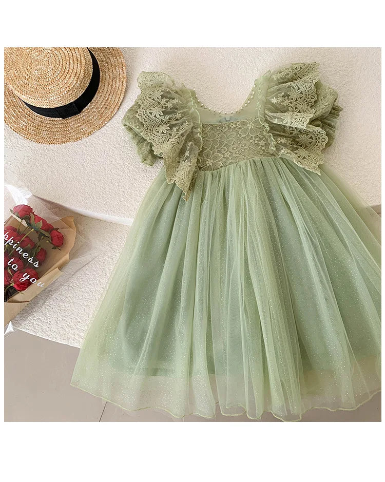 Kid Girl Elegant Light Green Dress for Children Intricate Lace Flutter Sleeves and Voluminous Sparkling Tulle Skirt Summer