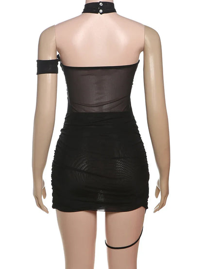Backless Summer Trend See Through Sexy Dress Women Y2K Cross Bandage Halter Sleeveless Midnight Clubwear Mini Bodycon