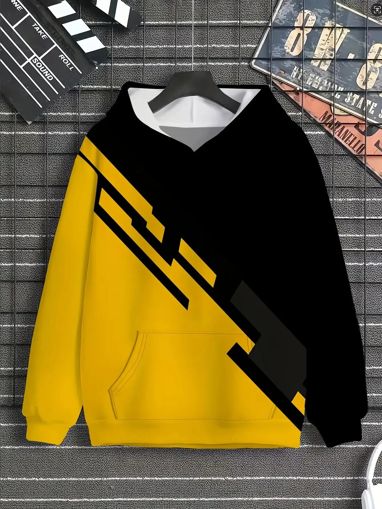 Men's Stylish Color-Blocked Hooded Sweatshirt | Trendy Black & Yellow Sportswear for Fall/Spring | Fashion Loose Fit Casual Top