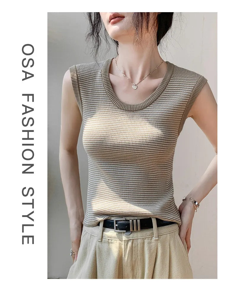2026 Spring Summer O-Neck Striped Vest Top Simple Slim Fit Sleeveless Casual Versatile Women's Tank Top