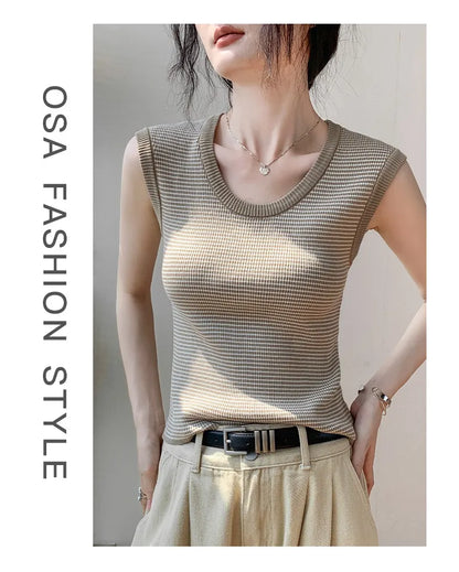 2026 Spring Summer O-Neck Striped Vest Top Simple Slim Fit Sleeveless Casual Versatile Women's Tank Top