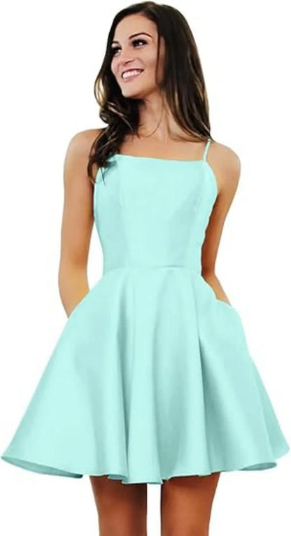 Short Homecoming Dresses for Teens With Pockets Spaghetti Straps Satin Prom Dress for Women A-line Knee Length Party Dress
