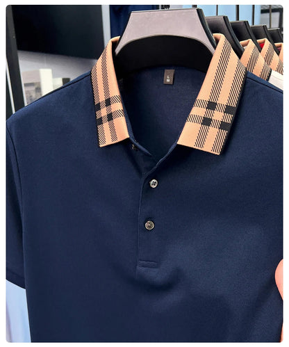 Fashion brand plaid lapel short sleeve polo shirt men summer new style simple solid color high-end business casual golf T-shirt