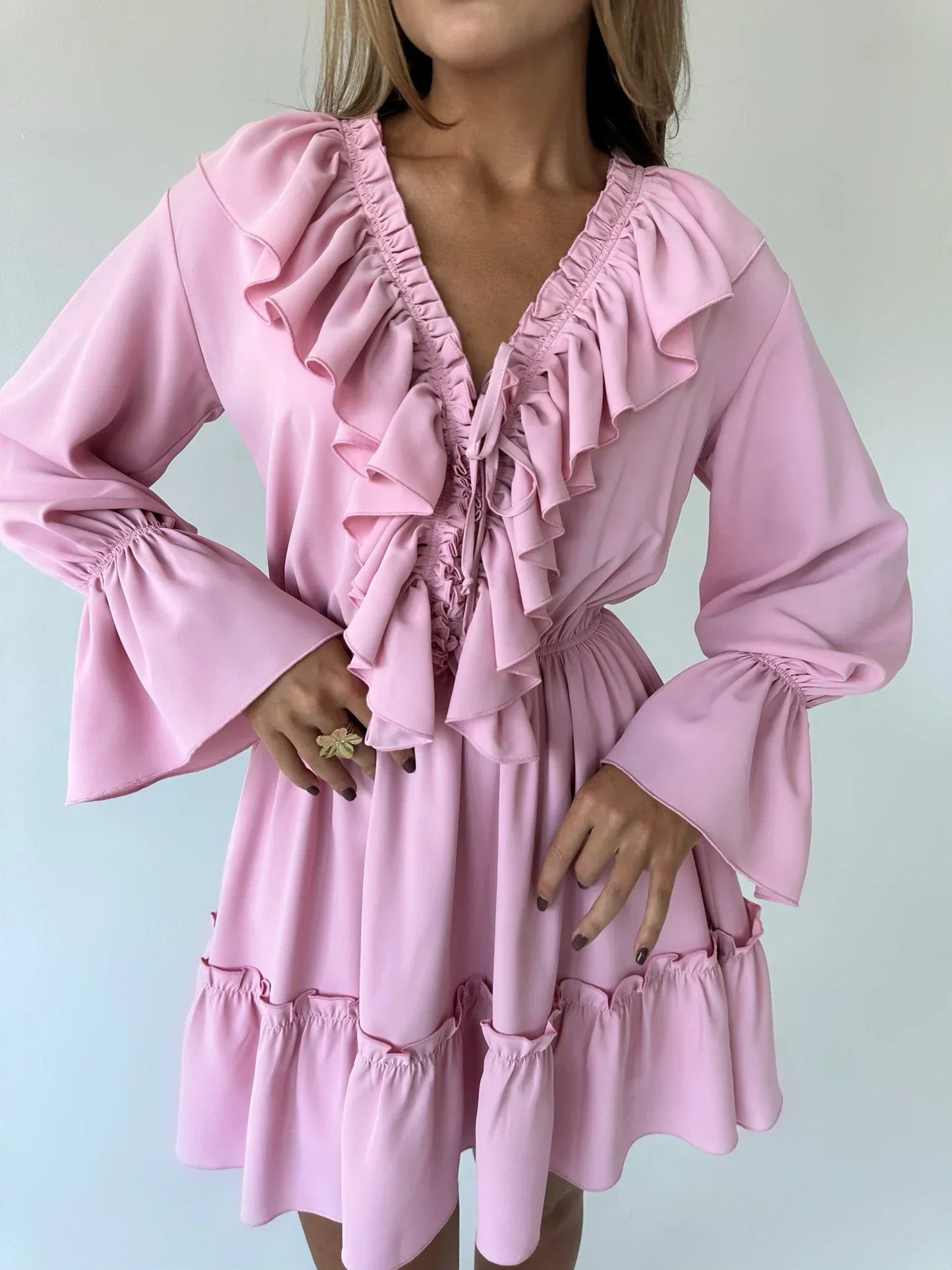 White Ruffle Bandage Mini Dress Women's Elegant Patchwork Long Sleeve Dress New Slim V Neck Lace Up Summer Mini Dress