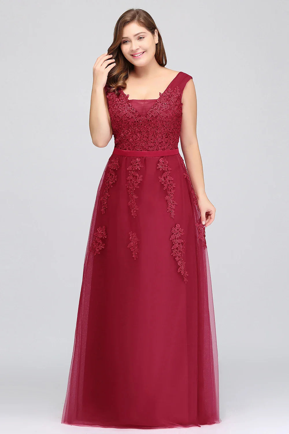 Women Burgundy Evening Dress Lace Appliques Tulle V-Neck Sexy Backless Prom Dresses A-Line Floor-Length Sleeveless Party Vestido