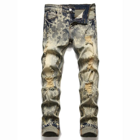 High street trendy brand new men's retro distressed distressed jeans patch slim fit leggings