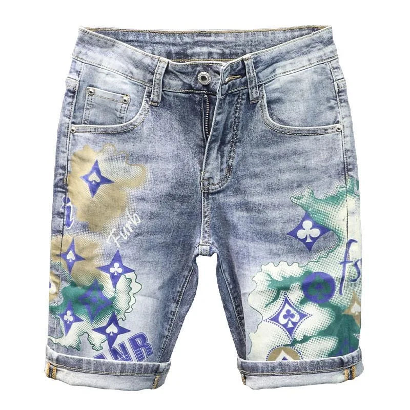 Summer 2024 New Fashion Trend Printed Stretch Cotton Shorts Men's Casual Sashimi Comfort High Quality Plus-Size Denim Shorts