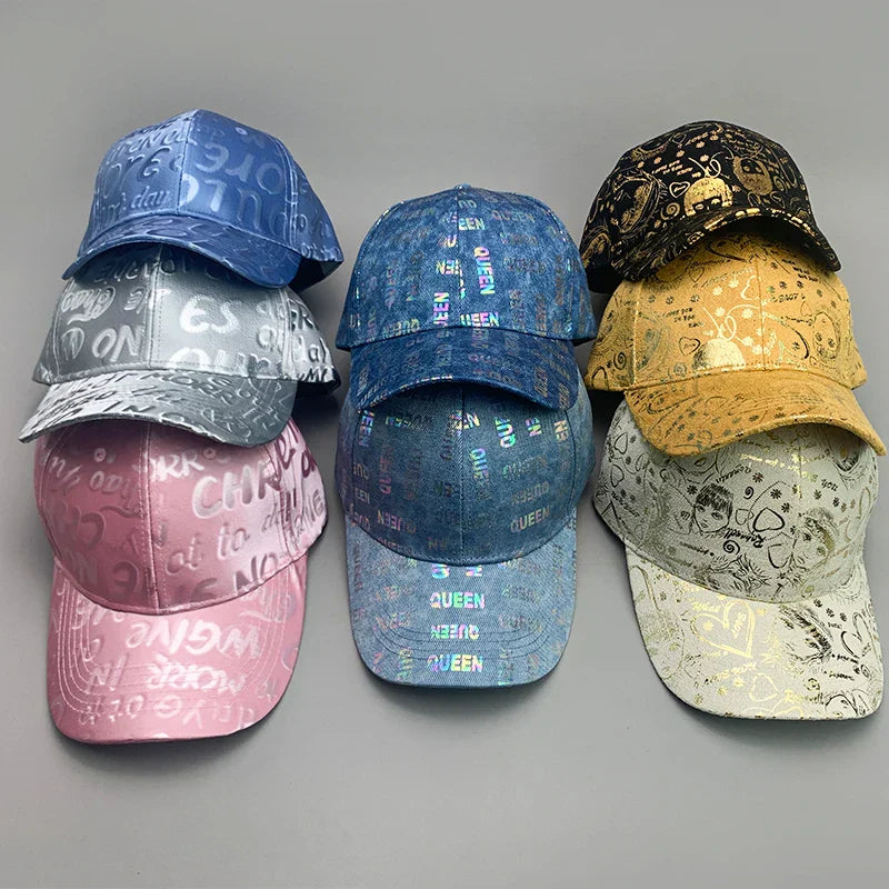 New Kpop Shiny Reflective Graffiti Letter Men Women Baseball Hats Cotton Comfortable Street Tie-dyed Fashion Sport Hip Hop Caps