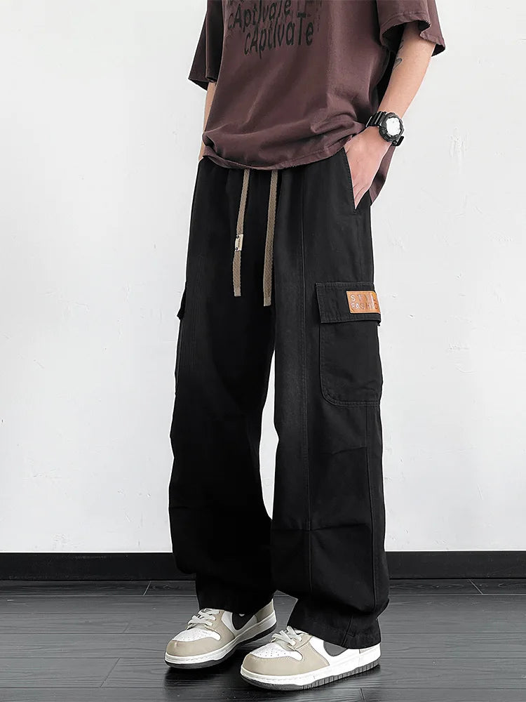 Men's Cargo Jeans with 5 Pockets Spring Summer All-Day Wide Leg Straight Baggy Jeans Brushed Warm Denim Pants Asian Size L-6XL