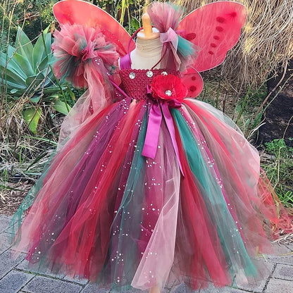 Girls Red Glitter Flower Tutu Dress Kids Glitter Tulle Dress Ball Gown with Wing Children Birthday Party Costume Dresses