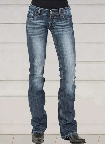 Low-waisted Women Flared Jeans Fashion Vintage Whitish Blue Washable Denim Pants