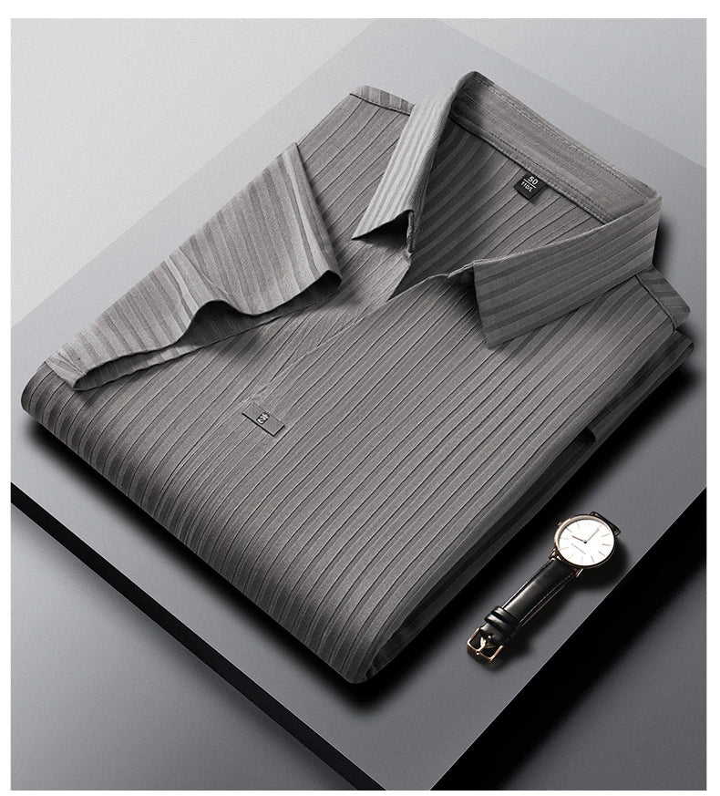 High quality personality texture stripe short sleeve polo shirt summer ice silk breathable buttonless men's solid color T-shirt