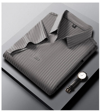 High quality personality texture stripe short sleeve polo shirt summer ice silk breathable buttonless men's solid color T-shirt