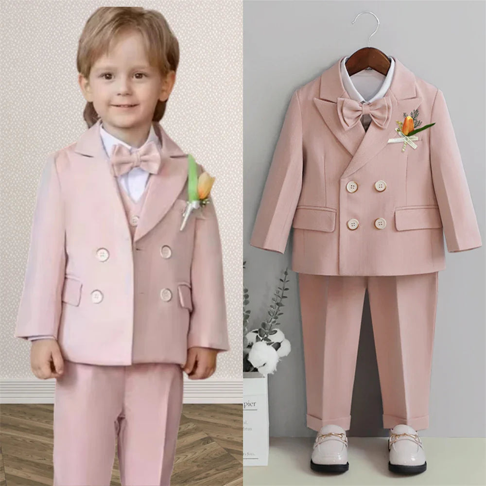 Macaroon Colorful Toddler Suit Set Double Breasted Kids Suits Blazer Pants Bow-tie Brooch Boy's Formal Tuxedo Dresswear