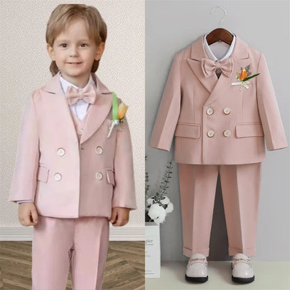 Macaroon Colorful Toddler Suit Set Double Breasted Kids Suits Blazer Pants Bow-tie Brooch Boy's Formal Tuxedo Dresswear