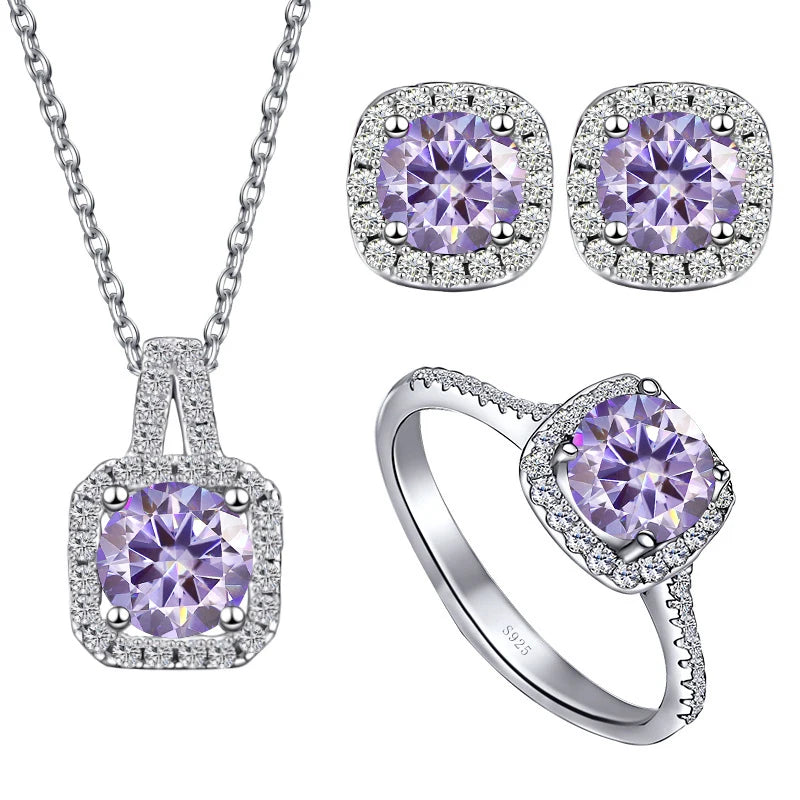 S925 Sterling Silver jewelry for women 1 carat moissanite diamond 3 pieces set necklace ring earrings wedding party