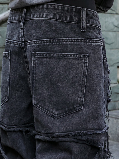 Men's black jeans. With a design of (ripped holes) and tassels. In a street trend style.