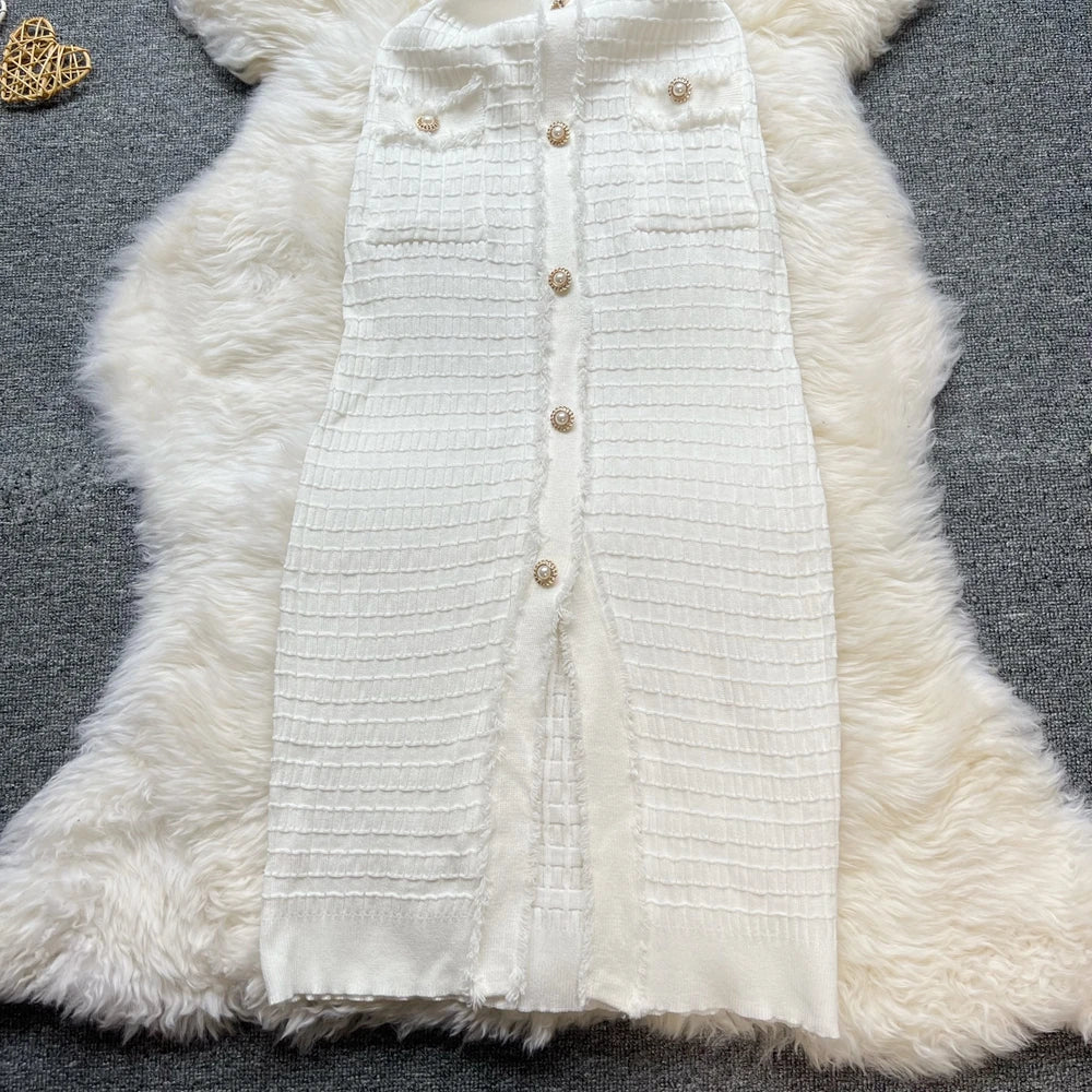 Fashion Sexy Package Hips Knitted Dress Women V-neck Single-breasted Bodycon Sweater Dress Office Lady Vestidos