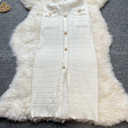 Fashion Sexy Package Hips Knitted Dress Women V-neck Single-breasted Bodycon Sweater Dress Office Lady Vestidos