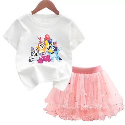 2Pcs/Set Girl Dress Kid Birthday Clothes Party Princess Dress Cartoon T-shirt+Tutu Skirt Summer Evening Christmas Gift