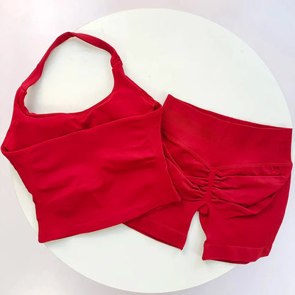 2 Pieces Sports Set Women Backless Halter Tops High Waist Seamless Hight Stretch Shorts Gym Suit Sportswear Workout Sets