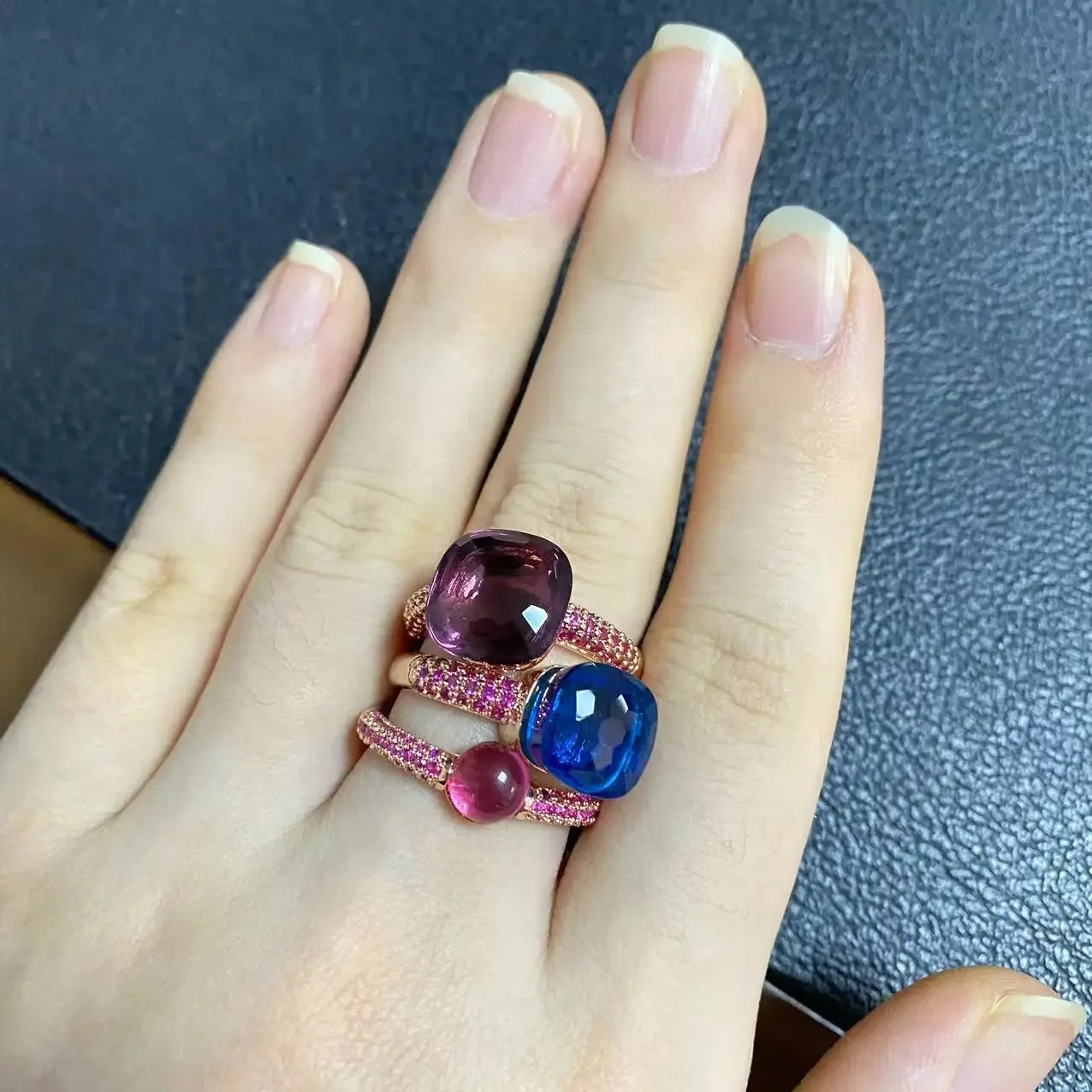 Conjunto de 3 anéis empilháveis ​​Nudo para mulheres, conjunto com cores mistas, cristais tipo bala incrustados, zircônia, ametista, topázio azul, joia redonda, presente