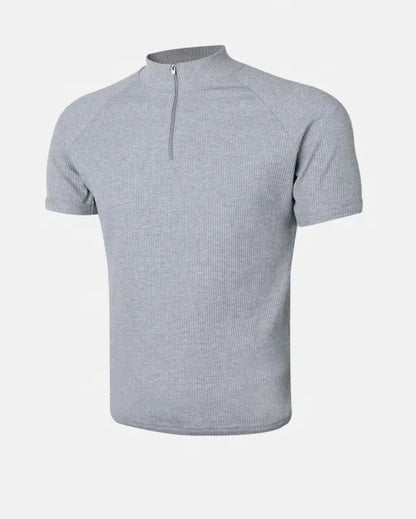 Summer New Men's Sportswear Casual Running And Fitness Stretch Solid Color Zipper Simple Striped Thick Short-sleeved T-shirt