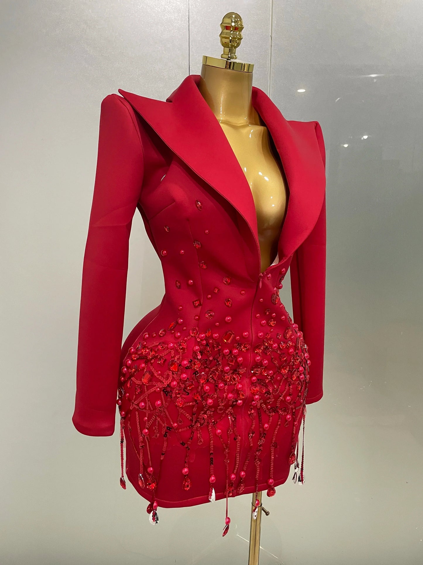 Crystal Chains Pearls Long Sleeve Mini Dress 2025 Women Birthday Evening Party Nightclub Outfit Singer Wedding Costume