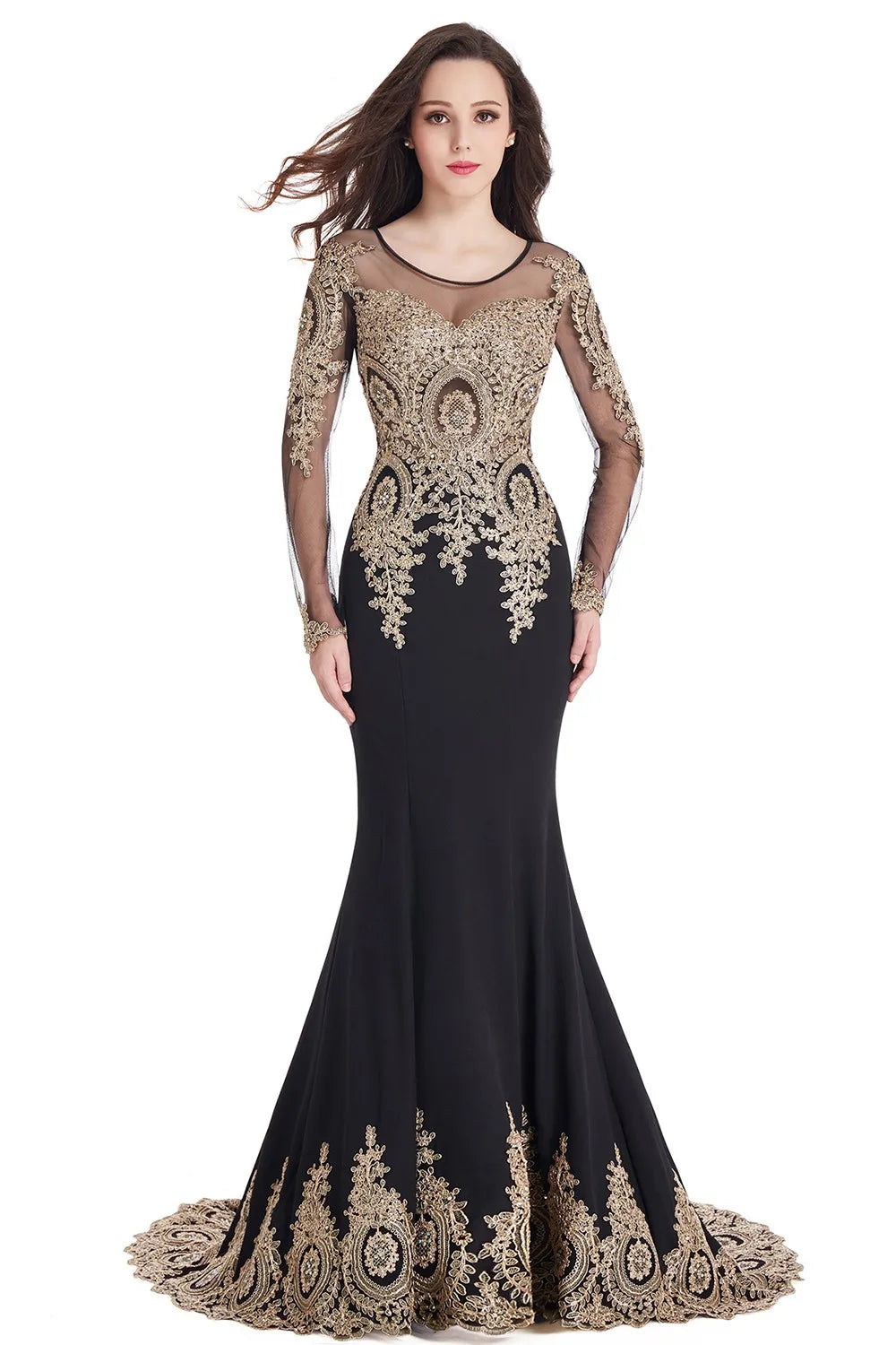 Prom Dresses Women Beading Long Sleeve Backless Elegant Lace Applique Formal Evening Party Gown For Bride Robe De Soirée