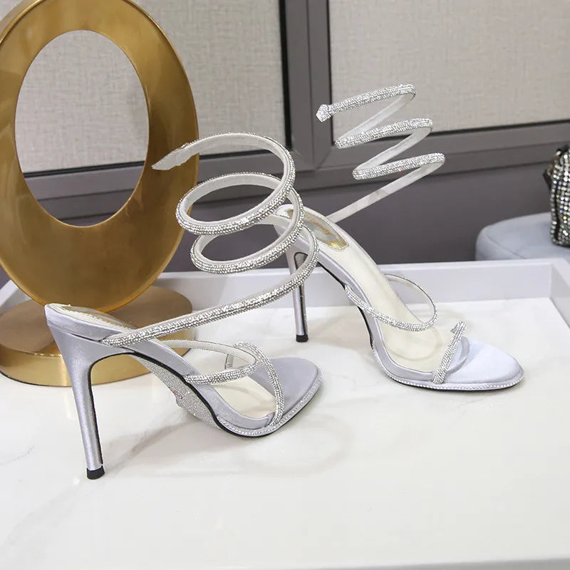 Luxury Rhinestones Snake Coiled Stiletto Heeled Women Gladiator Sandals 2024 Summer Silver Sole High heels Banquet Wedding Shoes