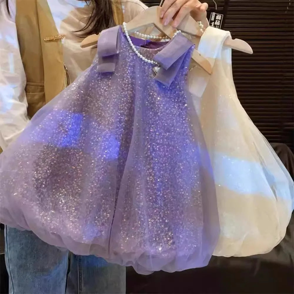 Flower Girl Dress Purple Mesh Sequin Birthday Party Children's Clothing Solid Color Vest Kids Dresses for Girls Casual Wear