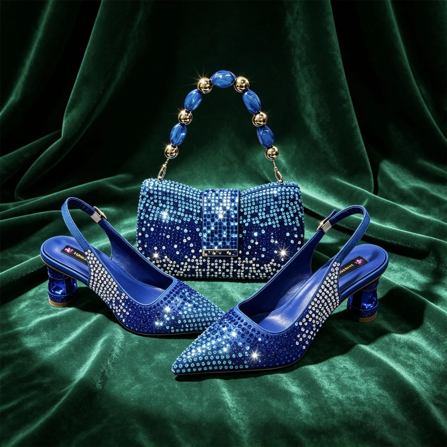 New Itlian Design Blue Color Rhinestone High Heel Shoe And Bag Fashion Style Pointed-Toe Shoes For COMFORT INCLUDED Women Shoes