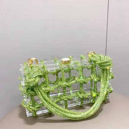 Bolsa de Noite com Alça e Strass Prateada de Cristal Feita à Mão para Mulheres, Bolsas e Bolsas de Mão de Designer de Luxo para Banquete