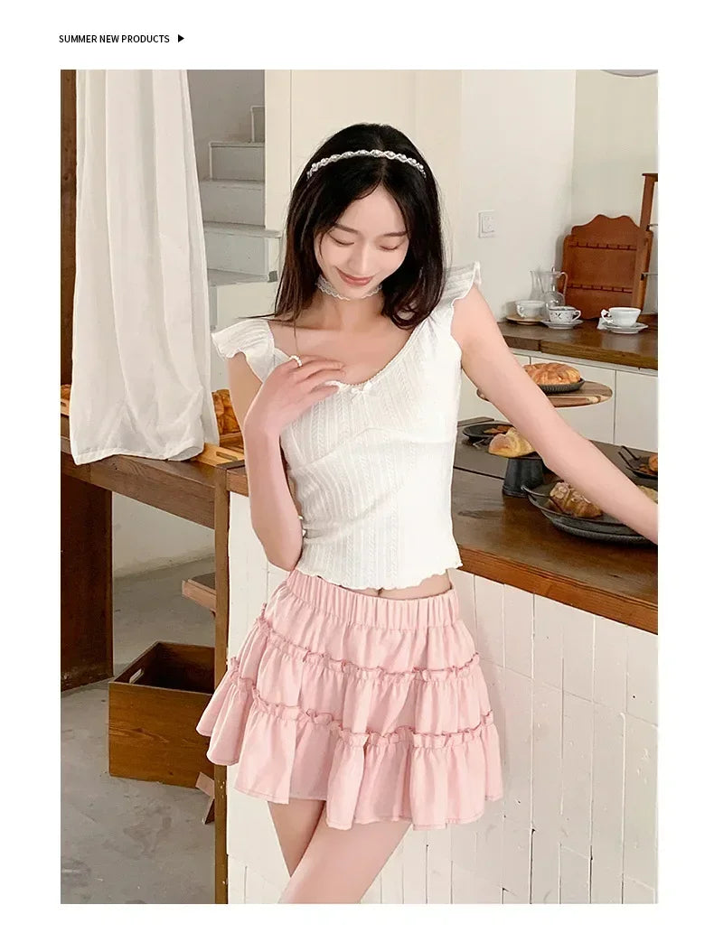 Elegant pink mini dress new summer thin style French ballet design cake skirt lace edge WOMEN'S JK skirt
