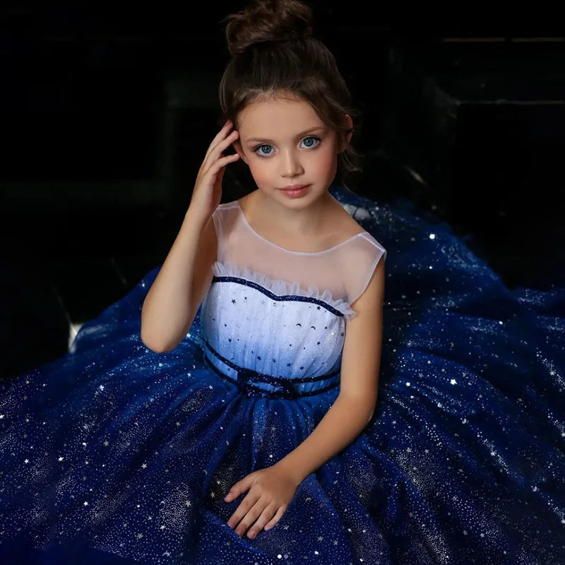 New Baby Kids Girls Elegant Printed Butterfly Flower Princess Party Tutu Dresses Children Sequins Wedding Evening Girl Clothes