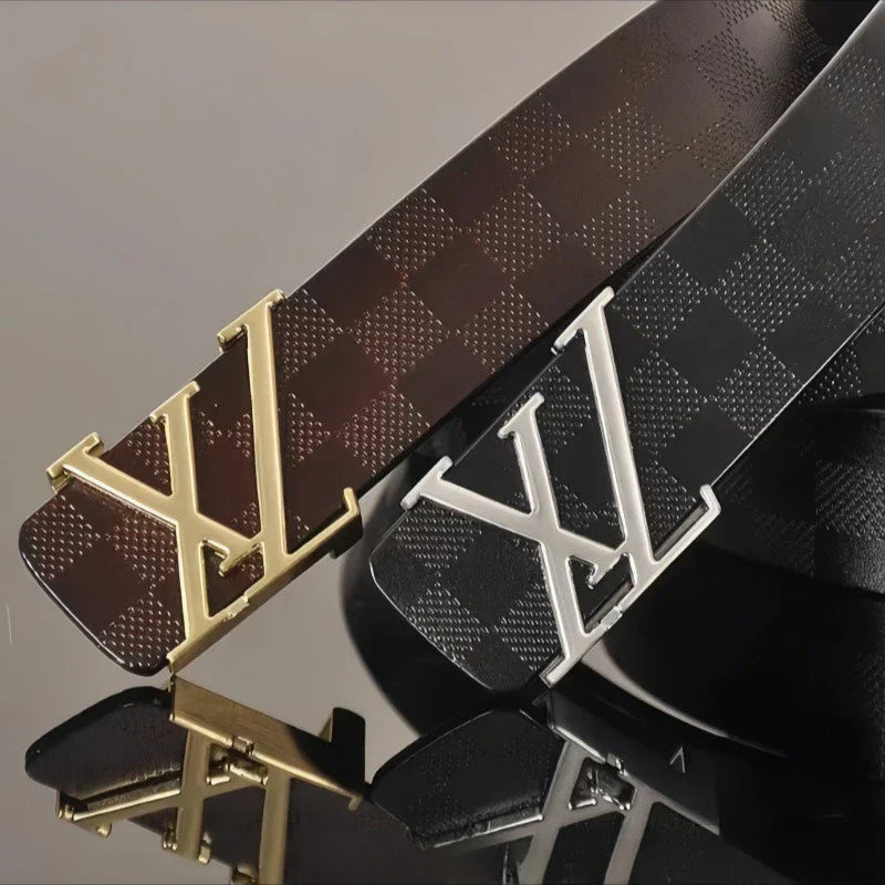 Light Luxury Mens Leather Belt Smooth Buckle Genuine Cowhide Perforated Pattern Fashion Trendy High End Versatile
